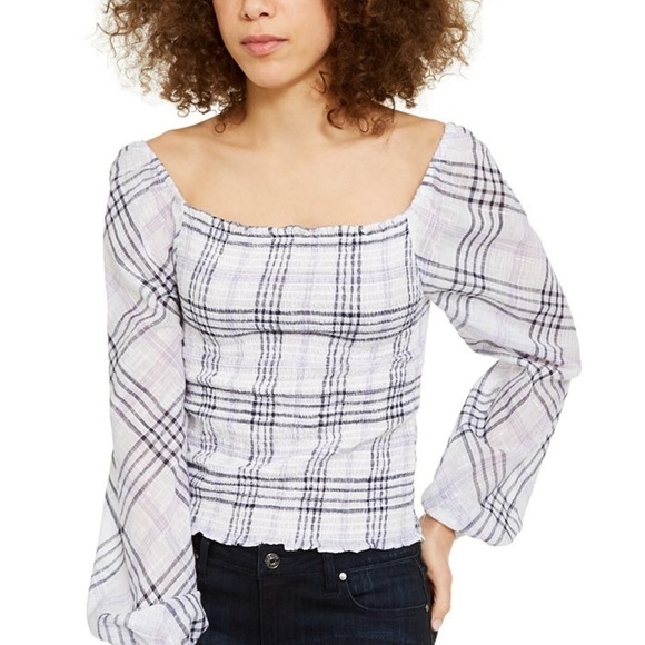 48. INC Off the Shoulders Ribbed Plaid Blk & Wht. Top - Picture 1 of 5